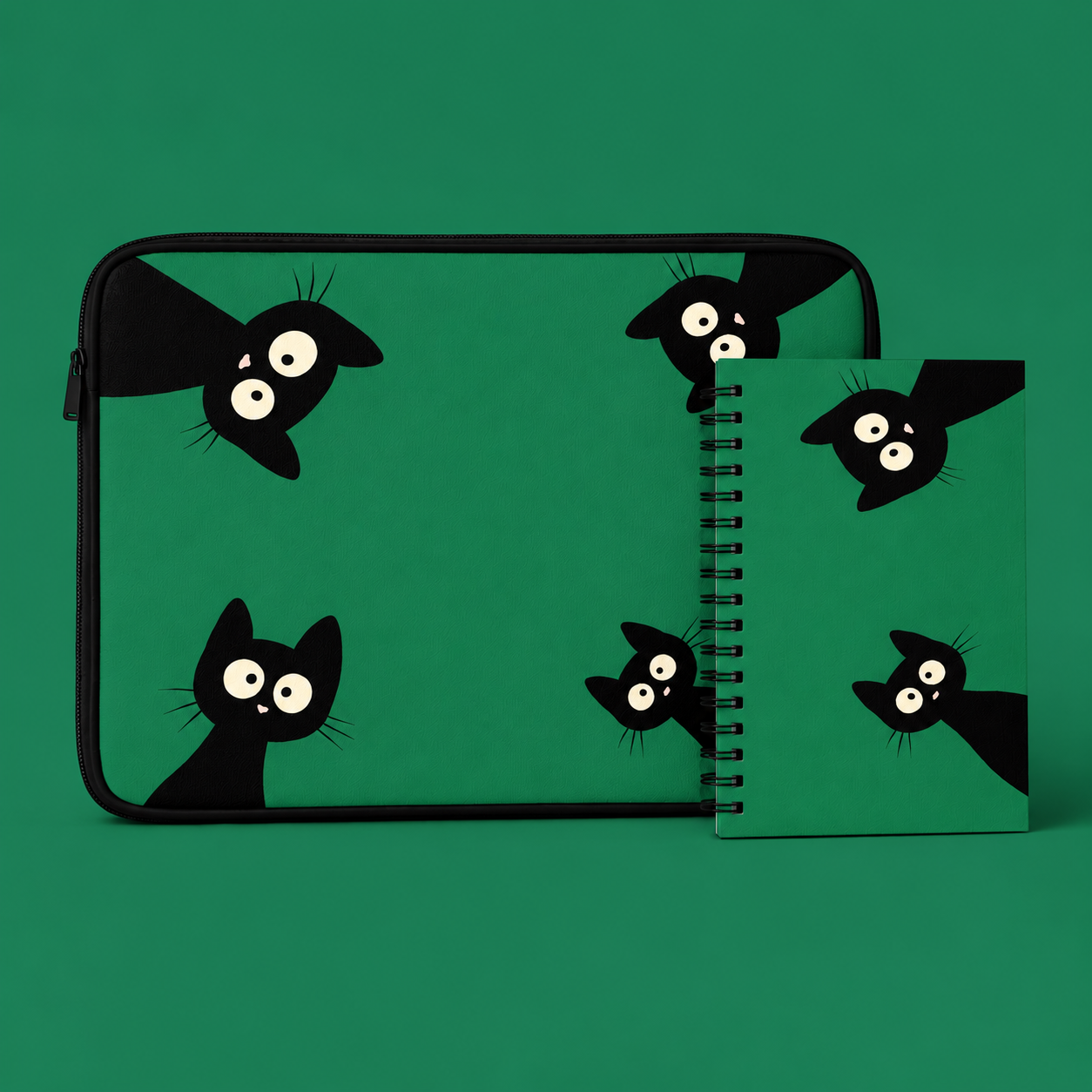 Curious Cats Set green laptop sleeve and matching notebook